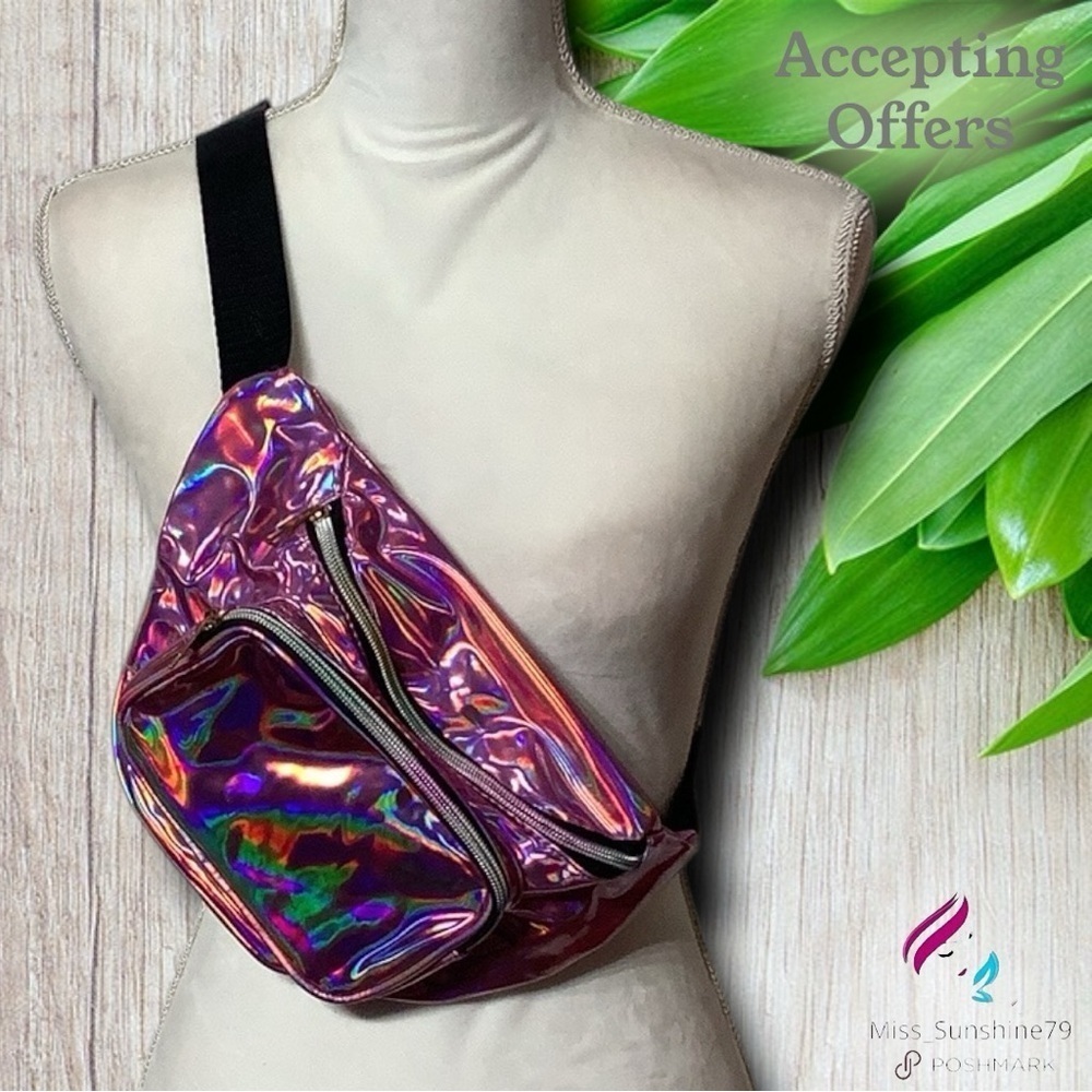 BIG Pink Crossbody Bag holographic Abstract Design - rainbow metallic zip
